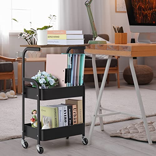 smusei 3 Tier Rolling Cart with Wooden Tabletop, Metal Utility Cart with Lockable Wheels, Black Rolling Storage Organizer Cart with 2 Baskets for Living Room, Bathroom, Bedroom, Office, Kitchen