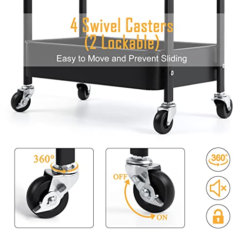 smusei 3 Tier Rolling Cart with Wooden Tabletop, Metal Utility Cart with Lockable Wheels, Black Rolling Storage Organizer Cart with 2 Baskets for Living Room, Bathroom, Bedroom, Office, Kitchen