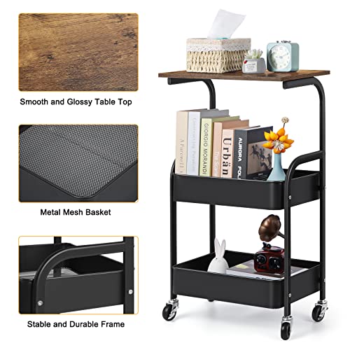 smusei 3 Tier Rolling Cart with Wooden Tabletop, Metal Utility Cart with Lockable Wheels, Black Rolling Storage Organizer Cart with 2 Baskets for Living Room, Bathroom, Bedroom, Office, Kitchen