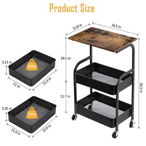 smusei 3 Tier Rolling Cart with Wooden Tabletop, Metal Utility Cart with Lockable Wheels, Black Rolling Storage Organizer Cart with 2 Baskets for Living Room, Bathroom, Bedroom, Office, Kitchen