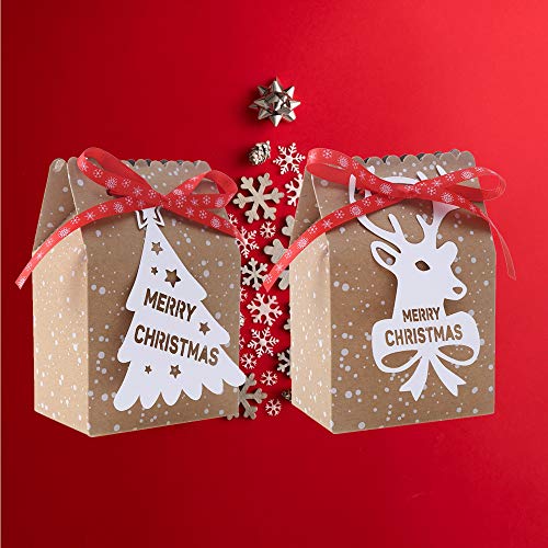 CCINEE 24PCS Bulk Christmas Goodies Bags,Kraft Holiday Gift Bags Christmas Gift Bags with Tags Snowflake Ribbons for Christmas Party Supplies