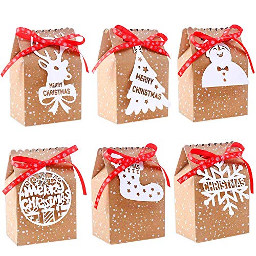 CCINEE 24PCS Bulk Christmas Goodies Bags,Kraft Holiday Gift Bags Christmas Gift Bags with Tags Snowflake Ribbons for Christmas Party Supplies