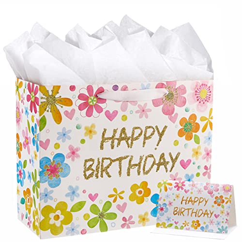 SUNCOLOR 13" Large Birthday Gift Bags with Tissue Paper and Card(Flowers)