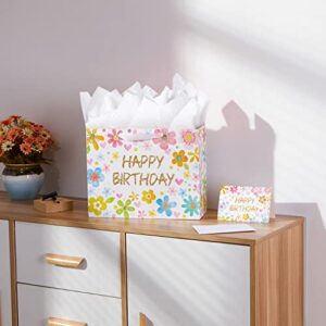 SUNCOLOR 13" Large Birthday Gift Bags with Tissue Paper and Card(Flowers)