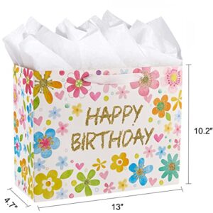 SUNCOLOR 13" Large Birthday Gift Bags with Tissue Paper and Card(Flowers)