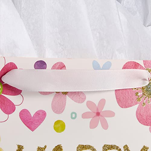 SUNCOLOR 13" Large Birthday Gift Bags with Tissue Paper and Card(Flowers)