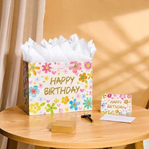 SUNCOLOR 13" Large Birthday Gift Bags with Tissue Paper and Card(Flowers)