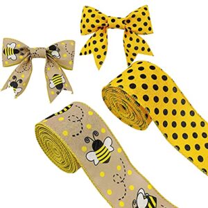 12 Yards Bumble Bee Ribbons Bee Wired Edge Ribbon Honeybee Decorative Ribbons Yellow Craft Ribbons for Wrapping Floral Hanging Ornaments Home Decoration