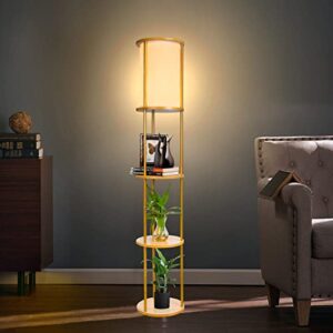floor lamp with big shelves,3-tier golden cylinder shelf floor lamps with 3000k warm soft brightness e26 led bulb (included), linen shade storage wood texture modern floor lamp with foot switch