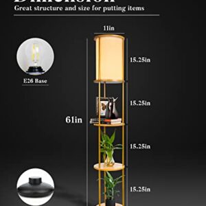 Floor Lamp with Big Shelves,3-Tier Golden Cylinder Shelf Floor Lamps with 3000K Warm Soft Brightness E26 LED Bulb (Included), Linen Shade Storage Wood Texture Modern Floor Lamp with Foot switch