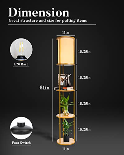 Floor Lamp with Big Shelves,3-Tier Golden Cylinder Shelf Floor Lamps with 3000K Warm Soft Brightness E26 LED Bulb (Included), Linen Shade Storage Wood Texture Modern Floor Lamp with Foot switch