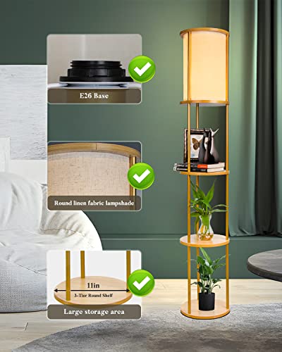 Floor Lamp with Big Shelves,3-Tier Golden Cylinder Shelf Floor Lamps with 3000K Warm Soft Brightness E26 LED Bulb (Included), Linen Shade Storage Wood Texture Modern Floor Lamp with Foot switch