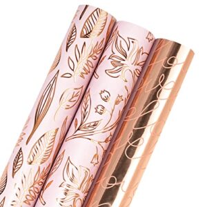 LeZakaa Metallic Wrapping Paper Roll - Pink and Rose Gold Love Print for Valentine‘s Day, Bridal Shower, Wedding, Birthday - 30 inch x 120 inch x 3 Roll