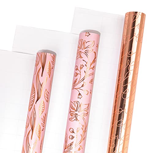LeZakaa Metallic Wrapping Paper Roll - Pink and Rose Gold Love Print for Valentine‘s Day, Bridal Shower, Wedding, Birthday - 30 inch x 120 inch x 3 Roll