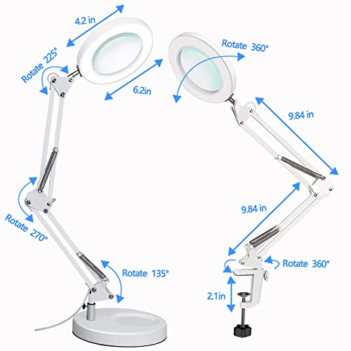 5X Magnifying Lamp, 2-in-1 Magnifying Lamp Tool Magnifying Glass with Light and Stand, with Base and Clamp 3 Color Modes Stepless Dimmable, LED 5X Glass Magnifying Desk Lamp & Clamp for Reading