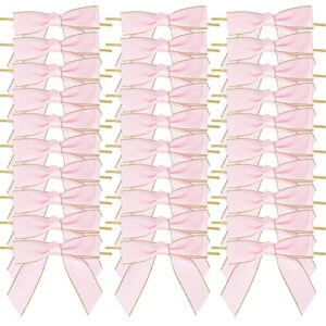 aimudi pink twist tie bows for treat bags 3.5″ premade pink and gold bows for crafts pre-tied pink bows for baby shower, cello bags, wedding favors, gift wrapping, party decorations, 50 counts