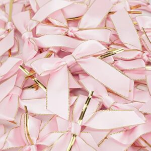 AIMUDI Pink Twist Tie Bows for Treat Bags 3.5" Premade Pink and Gold Bows for Crafts Pre-Tied Pink Bows for Baby Shower, Cello Bags, Wedding Favors, Gift Wrapping, Party Decorations, 50 Counts
