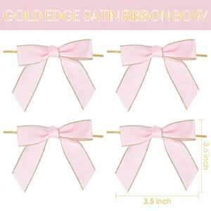 AIMUDI Pink Twist Tie Bows for Treat Bags 3.5" Premade Pink and Gold Bows for Crafts Pre-Tied Pink Bows for Baby Shower, Cello Bags, Wedding Favors, Gift Wrapping, Party Decorations, 50 Counts