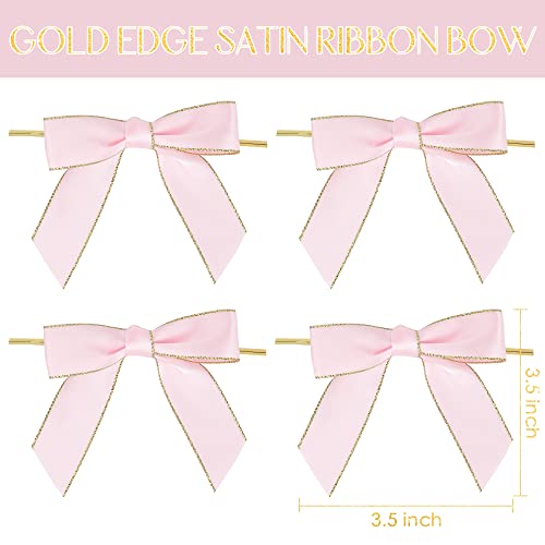 AIMUDI Pink Twist Tie Bows for Treat Bags 3.5" Premade Pink and Gold Bows for Crafts Pre-Tied Pink Bows for Baby Shower, Cello Bags, Wedding Favors, Gift Wrapping, Party Decorations, 50 Counts