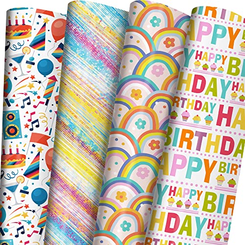 RiukRaiu Birthday Wrapping Paper for Kids Boys Girls - Gift Wrapping Paper with Rainbow, Music Party - Suitable For Birthday, Baby Shower, Party, Holiday - Pack Of 8 Sheets 20 x 29 Inch, Folded Flat