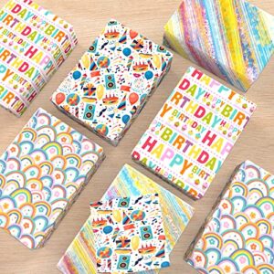 RiukRaiu Birthday Wrapping Paper for Kids Boys Girls - Gift Wrapping Paper with Rainbow, Music Party - Suitable For Birthday, Baby Shower, Party, Holiday - Pack Of 8 Sheets 20 x 29 Inch, Folded Flat