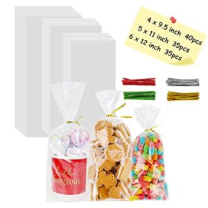 qtop cellophane bags cookie bags cellophane treat bags 3 sizes 110 pcs cookie bags with twist ties for birthday party favors, valentines, halloween, christmas, wedding（4×9.5 5×11 6×12 inches）