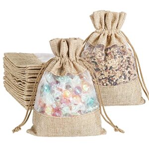 burlap drawstring bags 5×7 inch with sheer window organza, candy jewelry gift pouches for party favors, diy craft, birthday and wedding (12 pack)