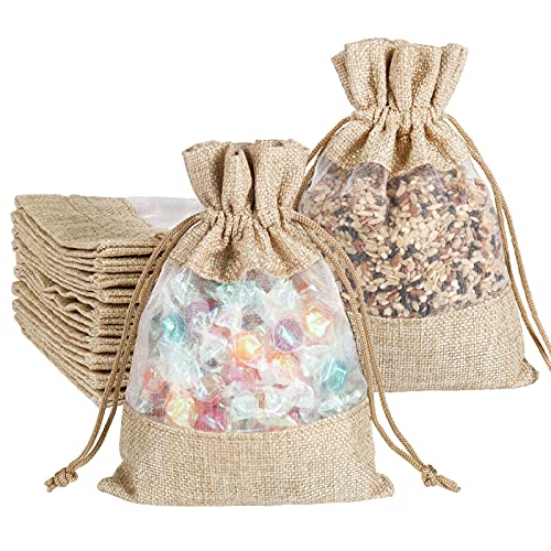 Burlap Drawstring Bags 5x7 Inch with Sheer Window Organza, Candy Jewelry Gift Pouches for Party Favors, DIY Craft, Birthday and Wedding (12 Pack)