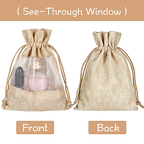 Burlap Drawstring Bags 5x7 Inch with Sheer Window Organza, Candy Jewelry Gift Pouches for Party Favors, DIY Craft, Birthday and Wedding (12 Pack)