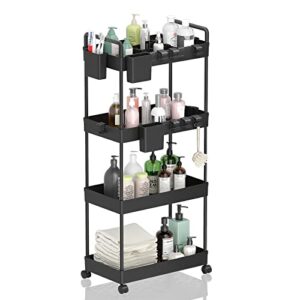 mosxoed slim storage cart rolling utility cart with wheels 4 tier mobile bathroom organizer cart for laundry room kitchen office narrow space with handle hanging cups dividers, black, 35″ h