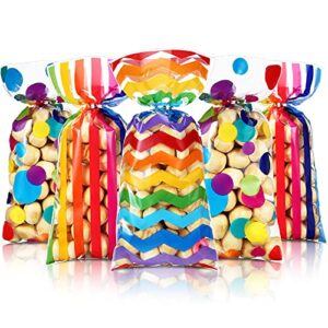 rainbow cellophane treat bags, polka dot stripes printed pattern goodie candy favor bags with twist ties for pride day kids school lunches baby shower birthday party supplies(105 pieces)