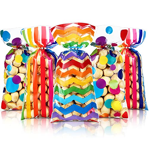 Rainbow Cellophane Treat Bags, Polka Dot Stripes Printed Pattern Goodie Candy Favor Bags with Twist Ties for Pride Day Kids School Lunches Baby Shower Birthday Party Supplies(105 Pieces)