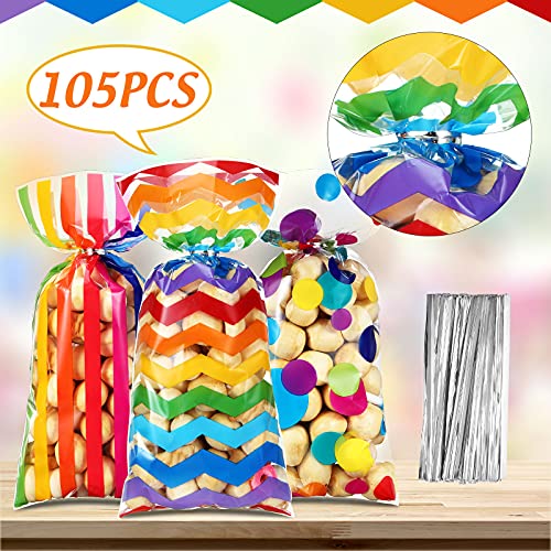 Rainbow Cellophane Treat Bags, Polka Dot Stripes Printed Pattern Goodie Candy Favor Bags with Twist Ties for Pride Day Kids School Lunches Baby Shower Birthday Party Supplies(105 Pieces)
