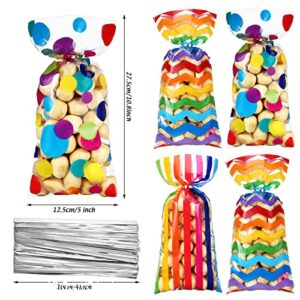 Rainbow Cellophane Treat Bags, Polka Dot Stripes Printed Pattern Goodie Candy Favor Bags with Twist Ties for Pride Day Kids School Lunches Baby Shower Birthday Party Supplies(105 Pieces)
