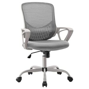 ergonomic office chair – home desk mesh chair with fixed armrest, executive computer chair with soft foam seat cushion and lumbar support, grey