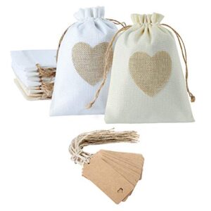 filifala 20 pieces heart burlap bags with tags and ropes,5 x 7 inch drawstring linen gift pouch for valentine’s day,jewelry,makeup,wedding,party,birthdays,baby shower favor gift bags