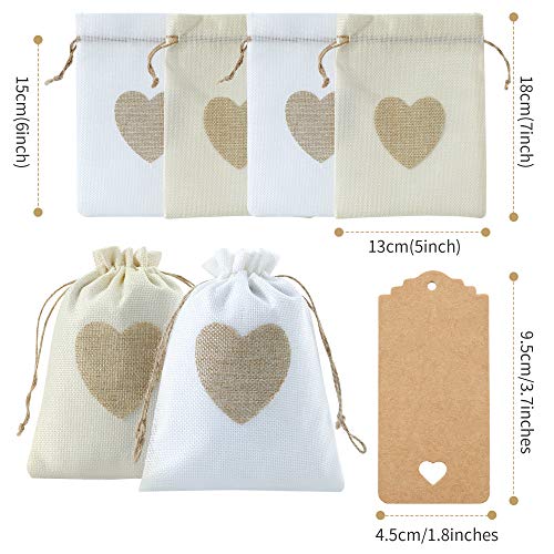 FILIFALA 20 Pieces Heart Burlap Bags with Tags and Ropes,5 x 7 Inch Drawstring Linen Gift Pouch for Valentine's Day,Jewelry,Makeup,Wedding,Party,Birthdays,Baby shower Favor Gift Bags