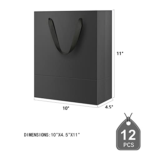 JINMING 12 Large Gift Bags 10x4.5x11 Inches, Matte Black Gift Bags, Premium Gift Bags with Handles for All Occasions