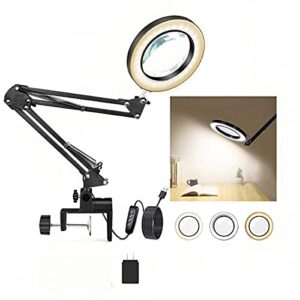 noevsbig magnifying lamp with light, 3 adjustable led light, 10 brightness 5x magnifier desk clip on lamps for close reading/office/hobbies/crafts reading table work clamp lights(20 inch)