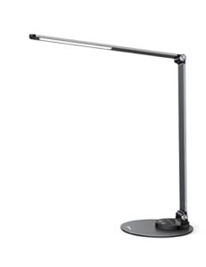 sympa led desk lamp, aluminum alloy dimmable led table lamp with 3 color modes, 6 brightness levels, usb charging port, adjustable angle, memory function, table lamp for home office lighting, grey