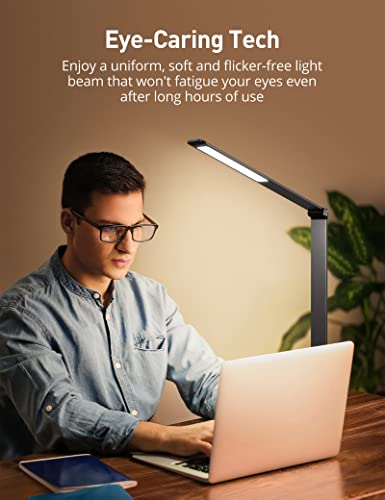 sympa LED Desk Lamp, Aluminum Alloy Dimmable LED Table Lamp with 3 Color Modes, 6 Brightness Levels, USB Charging Port, Adjustable Angle, Memory Function, Table Lamp for Home Office Lighting, Grey