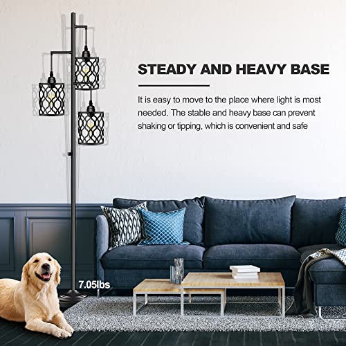 68" Industrial Floor Lamp, Dimmable Farmhouse Floor Lamp for Living Room, 3 Light Rustic Standing Tall Lamp Including 3 PCS 6W E26 Bulbs, Sturdy Base Vintage Floor Lamp for Bedrooms Room, Office, Bar