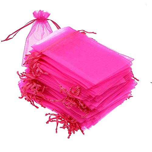 LPHUMEX 100PCS 5x7 inches Drawstring Organza Bags, Gift Favor Bags, Hot Pink Jewelry Pouches, for Wedding Party Christmas