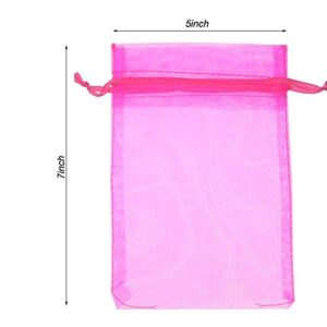 LPHUMEX 100PCS 5x7 inches Drawstring Organza Bags, Gift Favor Bags, Hot Pink Jewelry Pouches, for Wedding Party Christmas