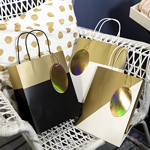 WRAPAHOLIC 8 Pack Medium Gift Bags with Handles - 10" Gift Bags with Gift Tags for Wedding, Birthday, Baby Shower, Party Favors - Gold & Black