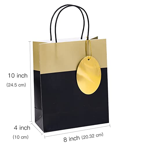 WRAPAHOLIC 8 Pack Medium Gift Bags with Handles - 10" Gift Bags with Gift Tags for Wedding, Birthday, Baby Shower, Party Favors - Gold & Black