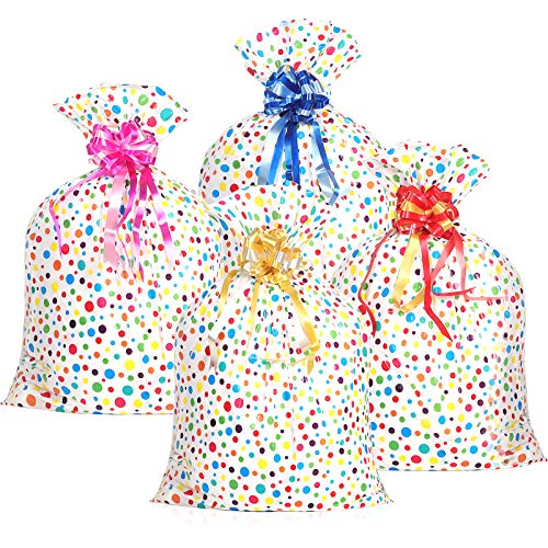 Outus 4 Pieces 48 Inch Extra Large Gift Bags (36 x 48 Inch) Jumbo Plastic Dot Bags Oversized Wrapping Bags with 4 Pieces Pull Flowers for Birthday Wedding Christmas Party (Multi-Color)