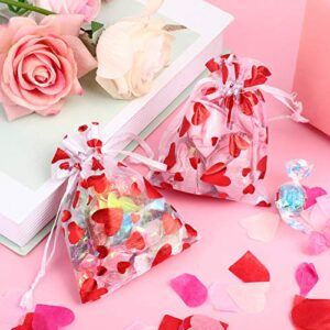 150 Pieces Valentine's Day Heart Organza Bags Valentine Candy Bags Sheer Drawstring Bags Wedding Drawstring Pouches Bags Jewelry Pouch Bags for Valentine's Day Wedding Festival Party Supply