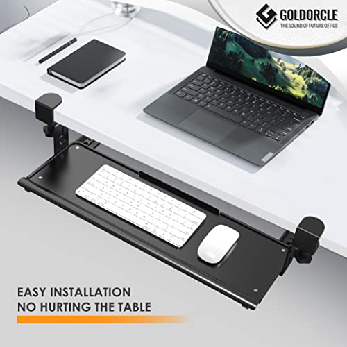 GoldOrcle Metal Keyboard Tray Under Desk C Clamp On Pull Out Slide-Out Keyboard Stand Drawer Platform for Home or Office