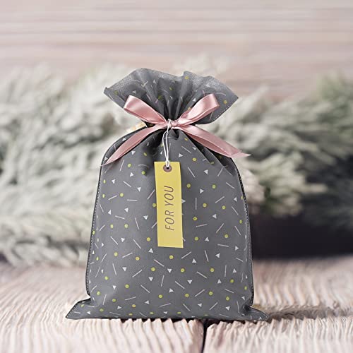 Yatinbos Fabric Gift Wrap Bags, Grey Reusable Cloth Gift Bags Sets of 6 with Drawstring and Tags for Christmas Holiday, Birthday, Wedding or Daily Gift, 12" x 18"…